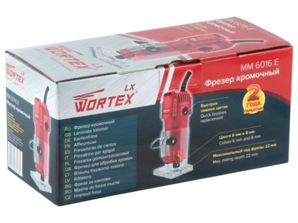 Фрезер кромочный WORTEX LX MM 6016 E в кор. + аксессуары 600 Вт, цанга 6/8 мм, 30000 об/мин(Ход фрезы 22 мм, 1.4 кг)