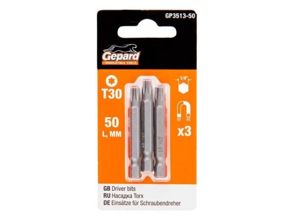 Насадка TORX T30 50мм  3шт GEPARD (GP3513-50)(бита звездочка шестилучевая звезда сталь S2  магнитная)