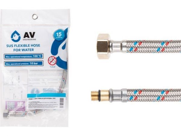 Подводка гибкая, SUS, иголка м10 короткая - гайка 1/2' 40 см AV Engineering(16 Bar, 100°С, в пакете)