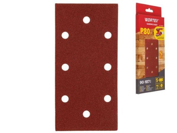 Шлифлист 90х187 мм Р80 д/дерева самосцепл. 8 отв. 5 шт. WORTEX(Подходит для использования к виброшлифмашине WORTEX SS 1920 E, SS 2230-1 E)