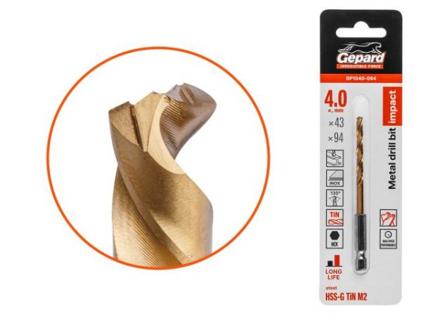 Сверло по металлу шестигр. 4.0х43х94 мм HSS-G TIN GEPARD(многогранная заточка)