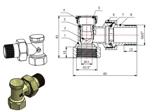 Кран вентильный угловой 1/2' вн.-нар. для радиатора, AV Engineering(Латунь, макс.  16 бар, макс.  110 °С, Обратка)