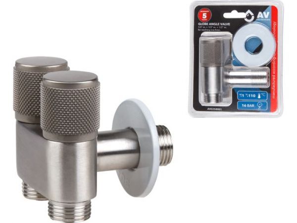 Кран вентильный угловой 1/2' нар. Х 1/2' нар. Х 1/2' нар. установочный, AV Engineering(Нерж. сталь, макс.  16 бар, макс.  110 °С)