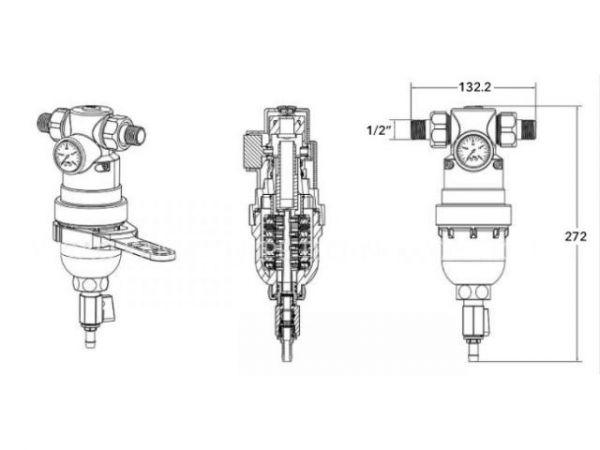 Фильтр самоочищающийся 1/2' нар., с манометром, AV Engineering (инд. упак.)(промывной латунный, фильтр разборный, ступенчатый)