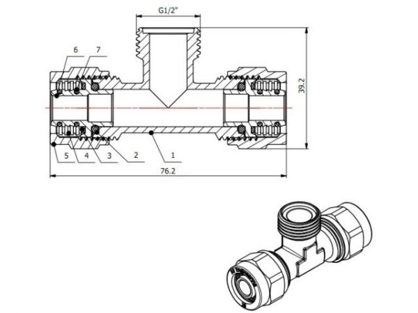Тройник 16(2.0) х 1/2' нар. х 16(2.0) для труб PEX, AV Engineering (инд. упак.)(для металлопластиковых и PEX труб)