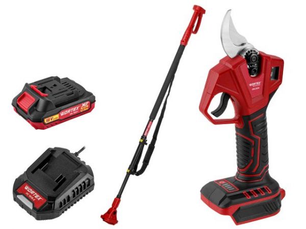 Аккум. секатор WORTEX CBS 2030 в кор. ALL1 SET, БЕСЩЕТ., 18 В, ветки до 28 мм + телескоп. штанга(3 ступени регулировки, 0,76 кг)