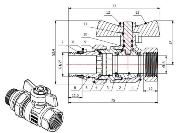 Кран шаровый 1/2' нар.-вн. бабочка (со сгоном) PN40, AV Engineering(Латунь, макс.  40 бар, макс.  110 °С, с уплотнительным кольцом)